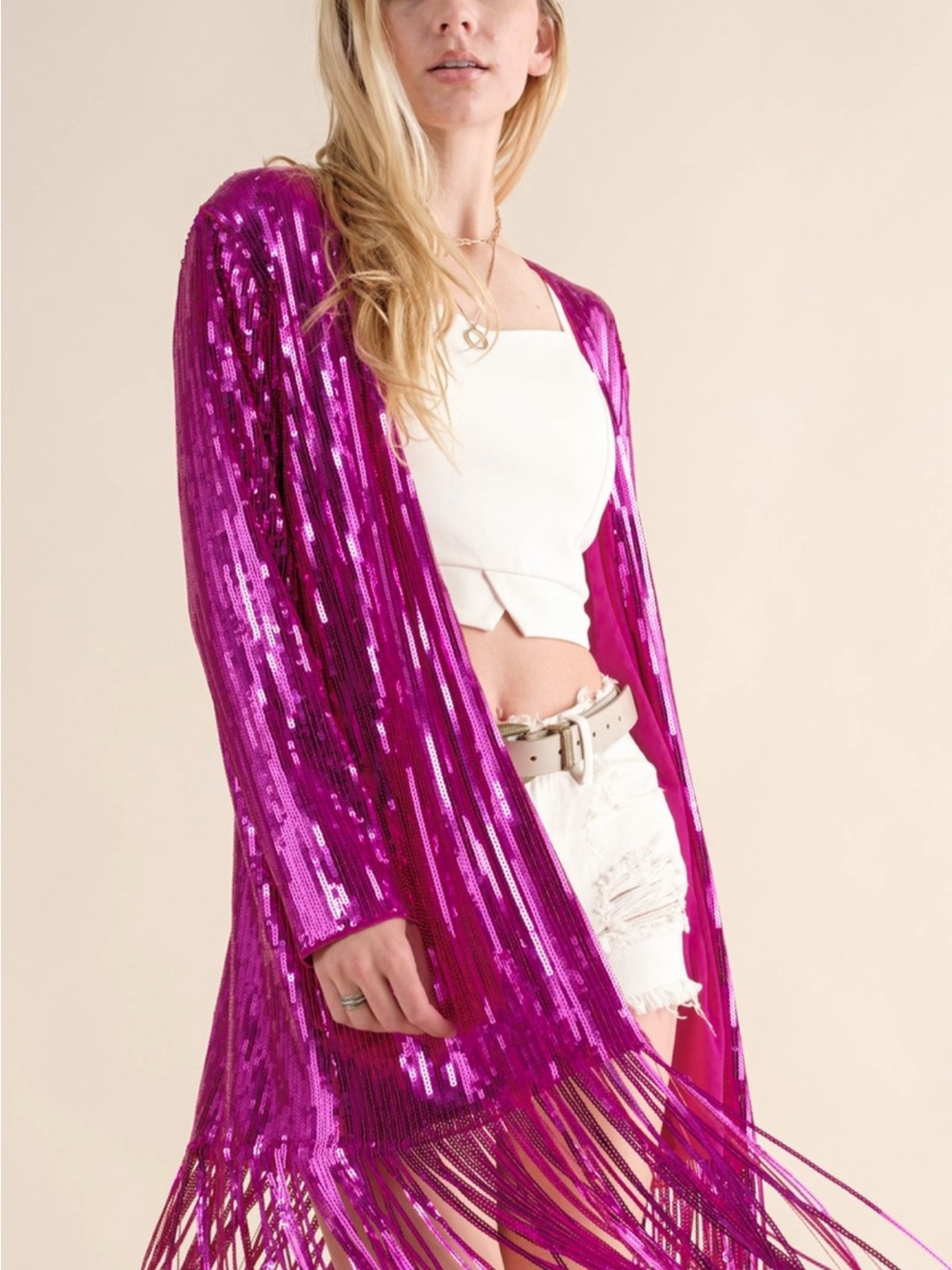 Fuchsia Sequin Fringe Open-Front Blue B